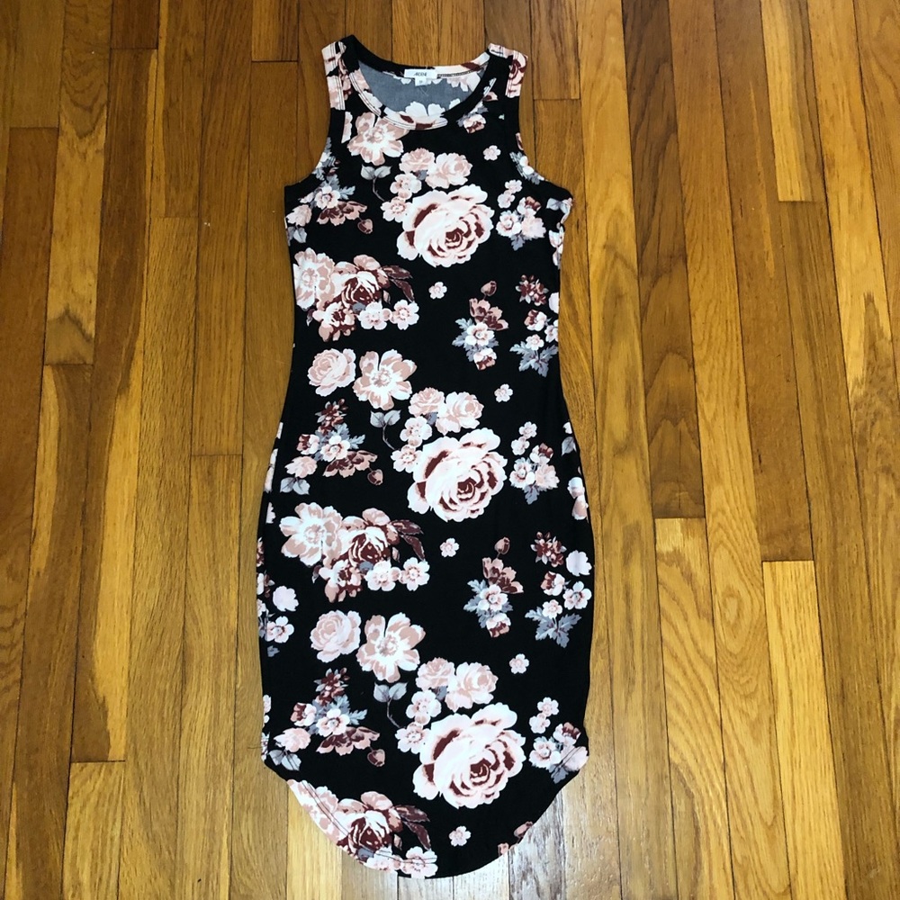 Black Floral Fitted Midi Dress